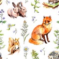 Forest animals - rabbits, fox, squirrel, hedgehog in grass, flowers. Seamless pattern. Watercolor in sketch style Royalty Free Stock Photo