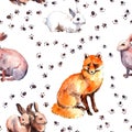 Forest animals: rabbits, fox. Wild animal pattern with foot print. Repeating watercolour sketch