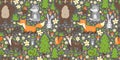 Forest animals. Seamless pattern with fox, deer, bear, squirrel, mouse, hedgehog, wolf. Wallpaper