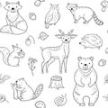 Forest animals seamless pattern. Fox Owl Raccoon Beaver Bear Hedgehog Squirrel Fox. Woodland baby animal vector