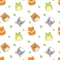 Forest animals on seamless pattern. Squishmallows.Fox bear frog mouse Kawaii Vector