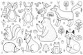 Cute forest animals black and white collection. Woodland characters set in outline Royalty Free Stock Photo