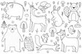 Cute forest animals black and white set. Woodland characters collection in outline Royalty Free Stock Photo