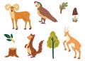 Forest animals set. Ferret, quail, goat and deer. Colorful isolate characters. For children, postcards, books and educational