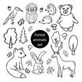 Forest animals set of hand drawn elements. Scandinavian style simple liner for children Royalty Free Stock Photo