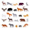 Forest animals. Silhouettes, stickers. Outline of wild forest animals. Bear, deer, wolf, fox. hare Royalty Free Stock Photo