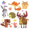 Forest animals vector illustration. Cartoon bird, hedgehog, beaver, bunny rabbit, chipmunk, fox, mouse and moose.