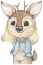 Forest Animals watercolor illustration. A child wears animal mask.