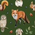 Forest animals watercolor seamless pattern with red fox, bunny rabbit, owl squirrel with fall leaves on green background Royalty Free Stock Photo