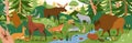 Forest animals in wild nature. Environment landscape with trees and habitats. Biodiversity of flora and fauna in