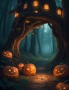 Forest atmosphere with Helloween theme and Helloween pumpkins. Halloween pumpkin forest. Generate Ai. Royalty Free Stock Photo