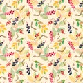 Forest autumn berries watercolor seamless pattern. Rustic texture. Bird cherry, barberry, rose hip, dog rose, seed, branch leaves Royalty Free Stock Photo