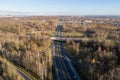 Forest in autumn fall season and road junction highway in Silesia Poland aerial drone Royalty Free Stock Photo