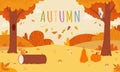 Forest autumn landscape with squirrel and bird, pumpkins and mushroom. Fall leaves falling, decorative seasonal