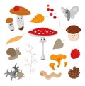 Cute colourful autumn forest floor with mushrooms plants creatures vector collection on white