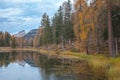 Forest with autumnal colors around a Dolomite lake