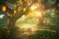 Forest background with sunlight, yellow and red balloons, fairy tale full, bear party Royalty Free Stock Photo