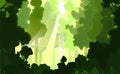 Forest background vector. Illustration of a landscape in green colors. Silhouettes of trees, sunlight. Light sky, sun rays. Delica