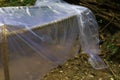 Forest bath or sauna made of frame and oilcloth or polyethylene. Hygiene and relaxation during the hike