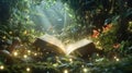 A forest bathes in a glowing light as an antique book opens Royalty Free Stock Photo
