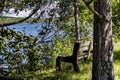 Forest bench on a grassy hill overlooking a lake Royalty Free Stock Photo