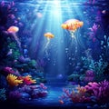 A forest beneath the waves, lit by bioluminescent vegetation Royalty Free Stock Photo