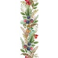 Forest berries and herbs floral seamless border. Watercolor illustration. Natural blackberry, cowberry elegant ornament