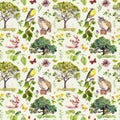 Forest: bird, rabbit, tree, leaves, flowers and grass. Seamless pattern. Watercolour