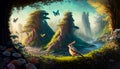 Fantasy art, landscape, bird , butterfly , wildlife, scenery, forest, generative Ai