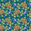 Forest branches and squirrels with bird seamless pattern.