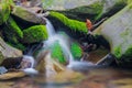 Forest brook waterfall between mossy rocks