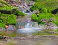 Forest brook waterfall between mossy rocks