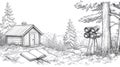 Forest Cabin, Binoculars, and Open Book Sketch - Nature Scene Royalty Free Stock Photo