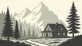 Forest cabin with mountain view, rustic wilderness retreat, vector design Generative AI Royalty Free Stock Photo