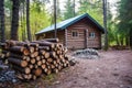 forest cabin with a pile of chopped wood nearby