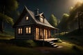 Forest cabin in the very dark woods at night Royalty Free Stock Photo