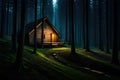 Forest cabin in the very dark woods at night Royalty Free Stock Photo