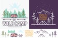 Forest camp linear vector illustration with tent, mountains, trees, cloud, sun. Camping travel tourism creative graphic