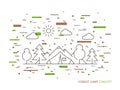 Forest camp linear vector illustration with tent Royalty Free Stock Photo