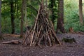 Forest camp site tall wooden tent made of branches autumn day