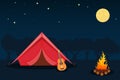 Forest camp with tent, bonfire. Camping site with campfire at night and guitar. Meadow with camping in night. Tent, bonfire, trees