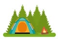 The forest camp. The tent with a campfire in a forest.