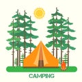 Forest camp. Tent with a campfire