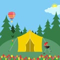 Forest camp with tent. Camping site with flower field. Hiking, summer tourism concept. Vector flat design Royalty Free Stock Photo