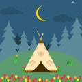 Forest camp with tent. Camping site at night. Hiking, summer tourism concept. Vector flat design Royalty Free Stock Photo