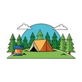 Forest camp with tourist tent amidst meadow Copy space image Place for adding text or design Royalty Free Stock Photo