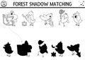 Forest or camping black and white shadow matching activity with cute animals. Road trip outline puzzle with birds, raven. Find the