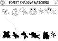 Forest or camping black and white shadow matching activity with cute animals. Road trip outline puzzle with frogs, fish, butterfly