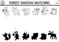 Forest or camping black and white shadow matching activity with cute animals. Road trip outline puzzle with moose, fox, bear,