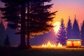 Forest camping illustration with fire in the wild ai generated